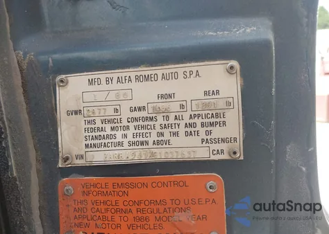 1986 Alfa Romeo Veloce 2000 Spider from USA, damaged, VIN ZARBA541XG1037637